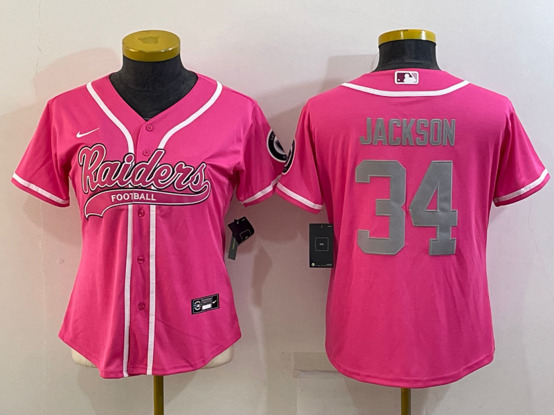 Women's Las Vegas Raiders #34 Bo Jackson Pink Silver With Patch Cool Base Stitched Baseball Jersey(Run Small) Women's Las Vegas Raiders #34 Bo Jackson Pink Silver With Patch Cool Base Stitched Baseball Jersey(Run Small)